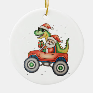サンタTレックス恐竜モンスタートラック クリスマス セラミックオーナメント