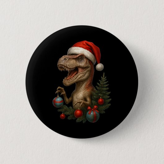 サンタTレックス クリスマス 面白い恐竜 ホリデー 缶バッジ (正面)