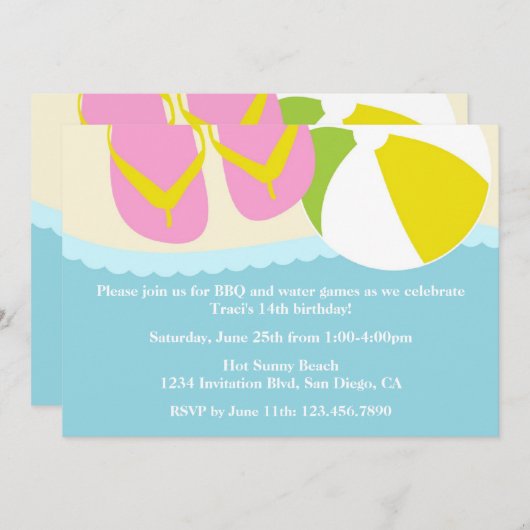 サンダル及びビーチボールビーチパーティの招待状 招待状 (正面/裏面)