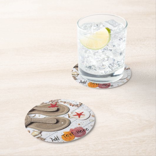 サンダル、貝類、ヒトデのビーチ ラウンドペーパーコースター (インサイチュ)