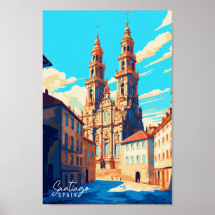 サンティアゴスペインヴィンテージ旅行イラストレーション ポスター