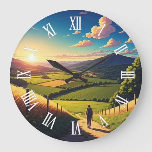 サンティアゴ巡礼の道 ハイカー ハイキング 夕日 ラージ壁時計 (正面)