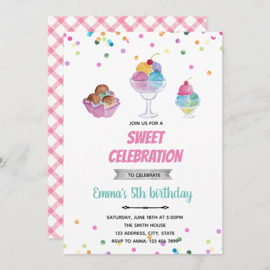 サンデのアイスクリームの夏の招待 招待状 (正面/裏面)