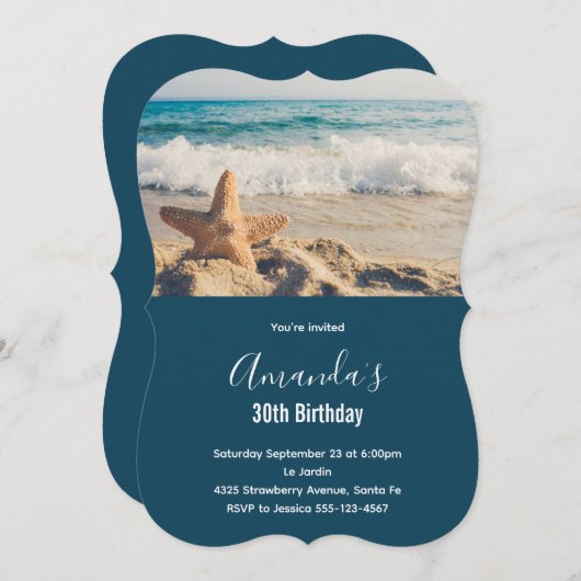 サンディのヒトデビーチ写真誕生日 招待状 (正面/裏面)