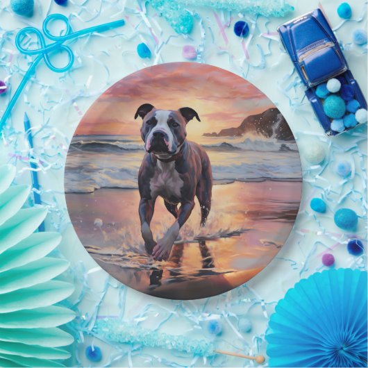サンディアメリカン(犬)スタッフォードドッグオンビーチサンセット ペーパープレート (パーティー)