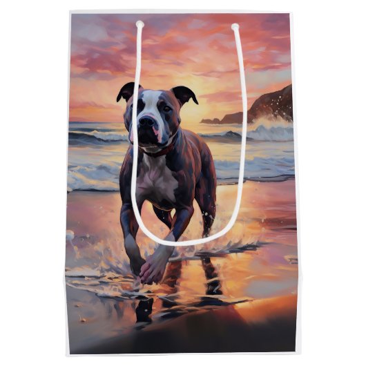 サンディアメリカン(犬)スタッフォードドッグオンビーチサンセット ミディアムペーパーバッグ (裏面)