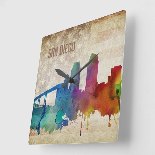サンディエゴのカリフォルニア|の水彩画都市スカイライン スクエア壁時計 (傾斜)