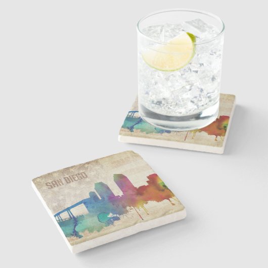 サンディエゴのカリフォルニア|の水彩画都市スカイライン ストーンコースター (横)