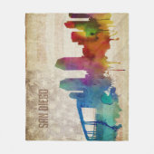 サンディエゴのカリフォルニア|の水彩画都市スカイライン フリースブランケット (正面)