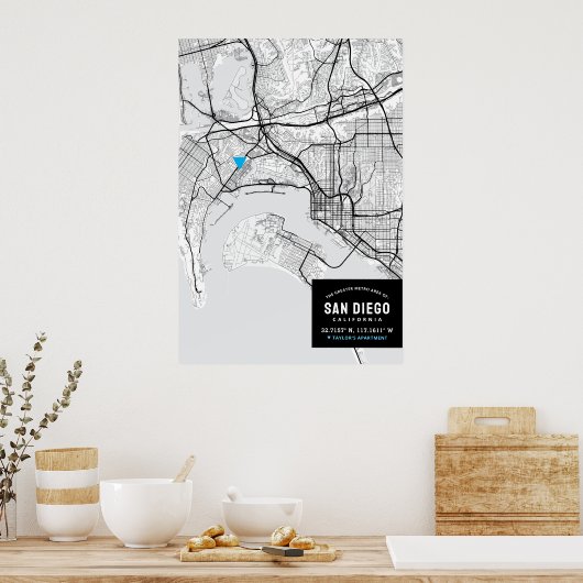 サンディエゴのシティマップ+自分の場所をマーク ポスター (キッチン)