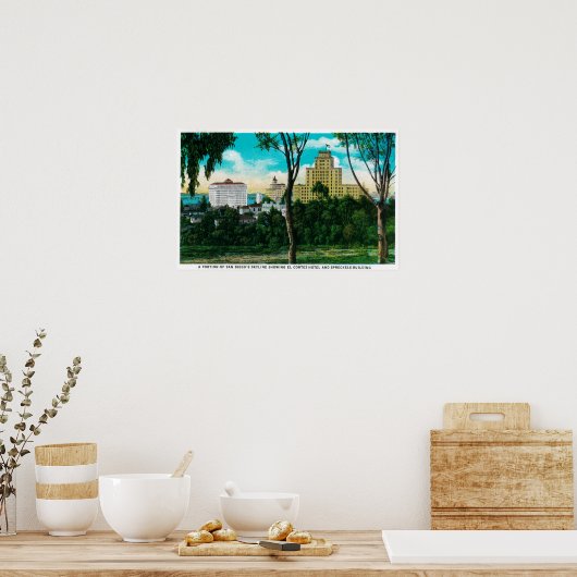 サンディエゴのスカイラインの一部がエルコルテを示す ポスター (キッチン)