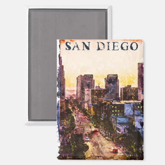 サンディエゴカリフォルニアウォーターカラーサンセットビュー マグネット (正面/裏面)