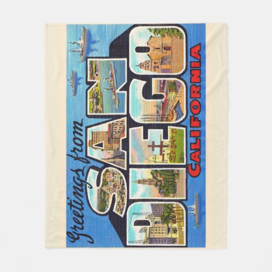 サンディエゴカリフォルニアヴィンテージ大文字はがき フリースブランケット (正面)