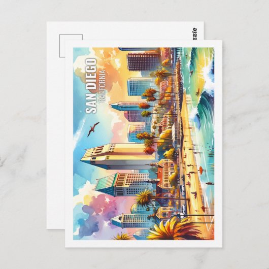サンディエゴカリフォルニアUSA有名なプレイスウォーターカラー ポストカード (正面/裏面)
