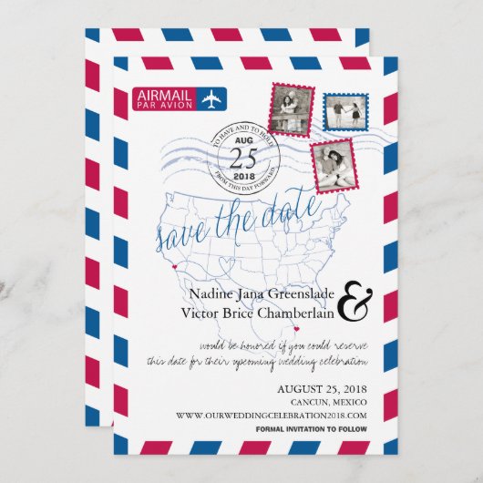 サンディエゴカンクンエアメール日付を保存 セーブザデート (正面/裏面)