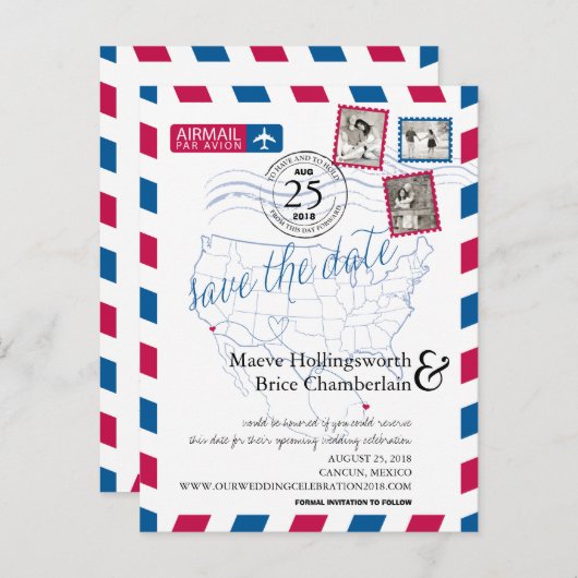 サンディエゴカンクンエアメール日付を保存 案内ポストカード (正面/裏面)