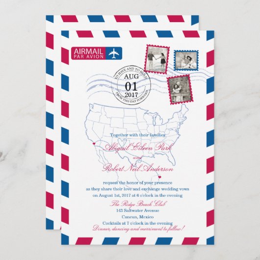 サンディエゴカンクンエアメール | ウェディング 招待状 (正面/裏面)