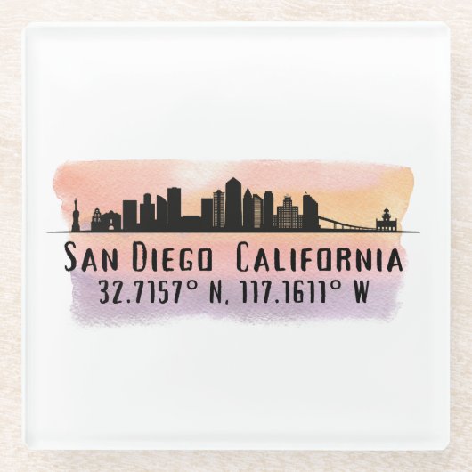 サンディエゴシティスカイライン緯度と経度 ガラスコースター (正面)