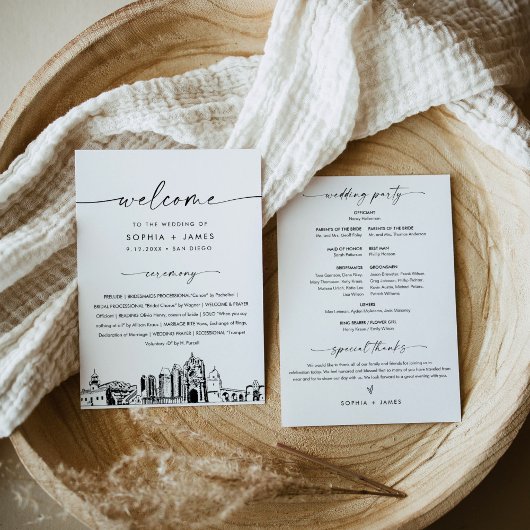 サンディエゴスカイライン結婚式 プログラム5x7フラットカード 招待状