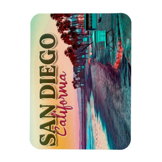 サンディエゴビーチカリフォルニアウォーターカラーサンセット60s マグネット (縦)