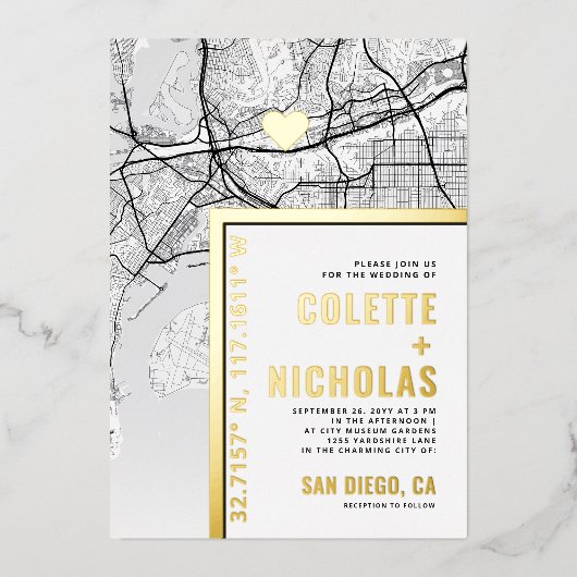 サンディエゴラブロケーター |シティテーマ結婚の 箔招待状 (正面)