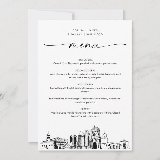 サンディエゴ結婚スカイラインのディナーメニューカード5x7 (正面)