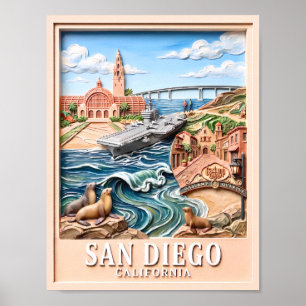 サンディエゴ カリフォルニア 旅行 3D テクスチャ ランドマーク ポスター