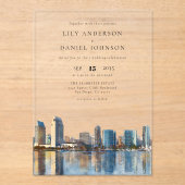 サンディエゴ スカイライン 水彩 結婚式 目的地 アクリル招待状 (正面)