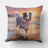 サンディオーストラリアシェパードドッグオンビーチサンセット クッション (正面)