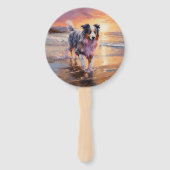 サンディオーストラリアシェパードドッグオンビーチサンセット ハンドファン (正面)