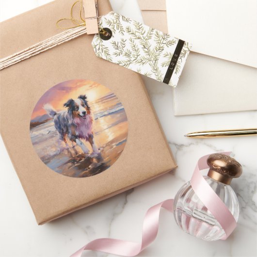 サンディオーストラリアシェパードドッグオンビーチサンセット ラウンドシール (ギフト)