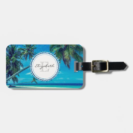 サンディビーチとトロピカルパームツリーズモノグラム ラゲッジタグ (正面横)