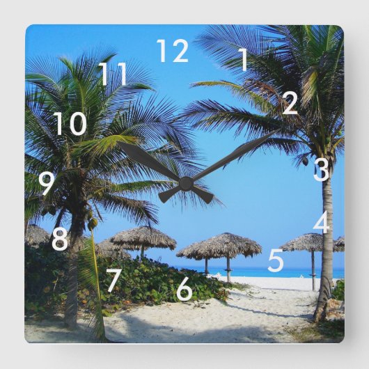 サンディビーチとヤシの木と海ビュースクア スクエア壁時計 (正面)