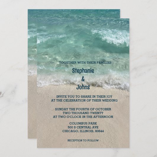サンディビーチティール（緑がかった色）ターコイズシー海ウェー結婚ズ 招待状 (正面/裏面)