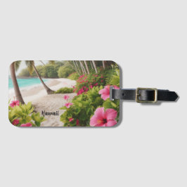 サンディビーチトロピカルハワイピンクハイビスカスフラワー ラゲッジタグ