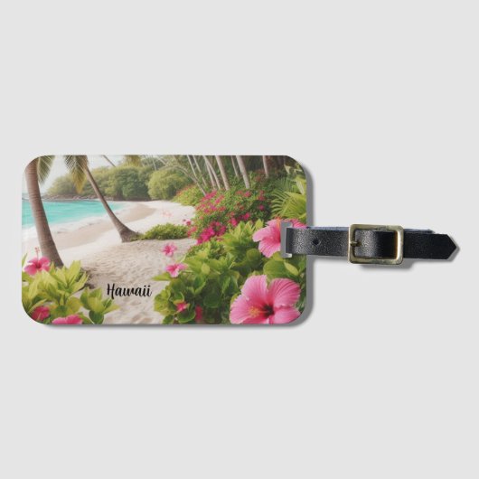 サンディビーチトロピカルハワイピンクハイビスカスフラワー ラゲッジタグ (正面横)