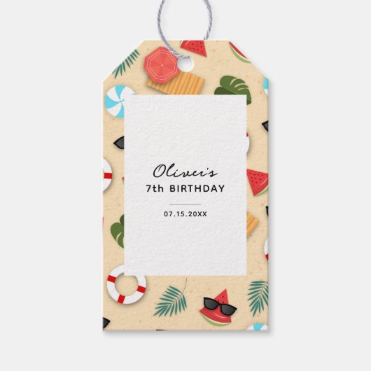 サンディビーチパターンサマーおもしろい誕生日パーティー ギフトタグ (正面)