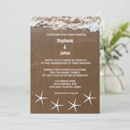 サンディビーチヒトデ海の目的地の結婚式 招待状 (スタンド正面)