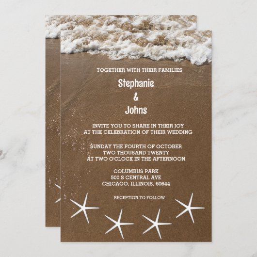 サンディビーチヒトデ海の目的地の結婚式 招待状 (正面/裏面)