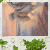 サンディポーズアラスカンマラムートドッグオンビーチサンセット キッチンタオル (折り畳み)