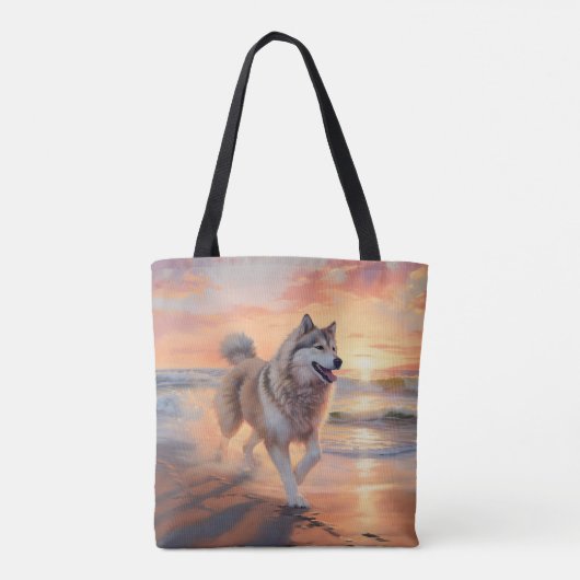 サンディポーズアラスカンマラムートドッグオンビーチサンセット トートバッグ (裏面)