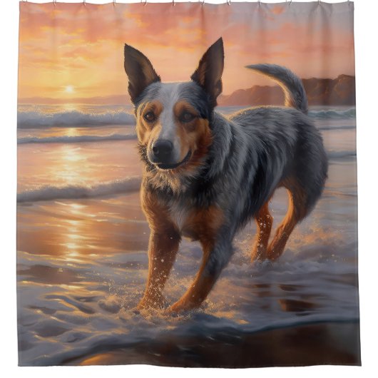 サンディポーズオーストラリア牛の犬オンビーチサンセット シャワーカーテン (正面)