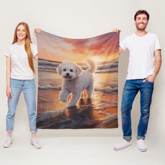 サンディポーズビコンフリースドッグオンビーチサンセット フリースブランケット (インサイチュ)