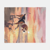 サンディポーズビーグルドグオンビーチサンセット フリースブランケット (正面(横))