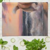 サンディポーズ秋田ドッグオンビーチサンセット キッチンタオル (折り畳み)