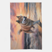 サンディポーズ秋田ドッグオンビーチサンセット キッチンタオル (縦)