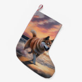 サンディポーズ秋田ドッグオンビーチサンセット スモールクリスマスストッキング (正面 (吊り時))