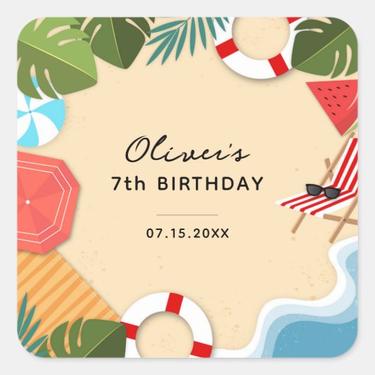 サンディ海ビーチサマーおもしろい誕生日パーティー スクエアシール (正面)