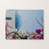 サントリーニのアイコニックなギリシャのブルードメッドハウス ジグソーパズル (横)