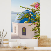 サントリーニの教会と花 ポスター (キッチン)